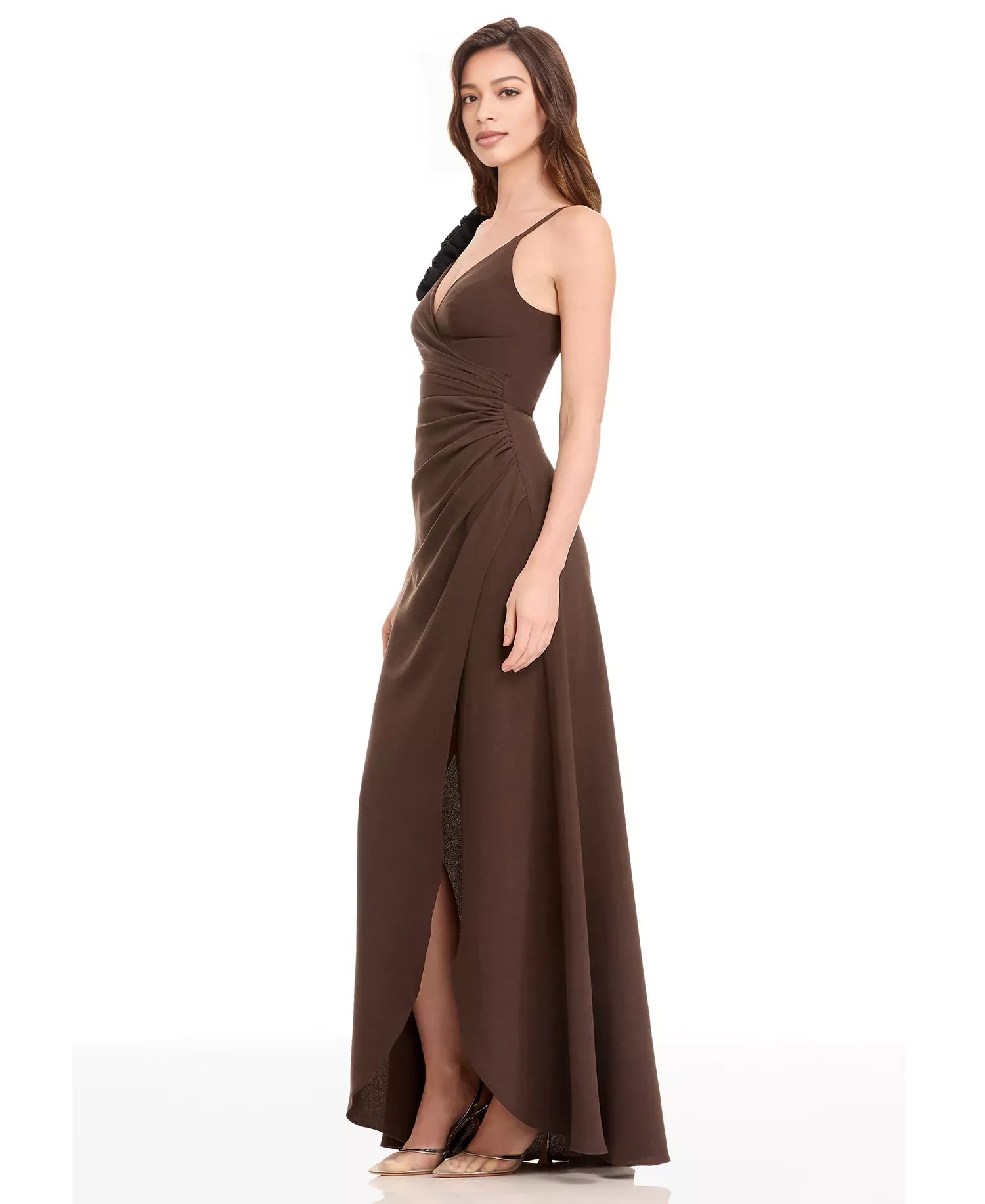 Ruffled Applique A-Line V-Neck Spaghetti Strap Maxi Evening Dress