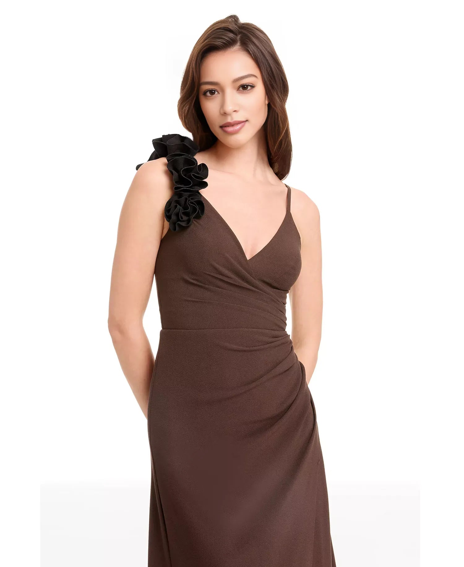 Ruffled Applique A-Line V-Neck Spaghetti Strap Maxi Evening Dress