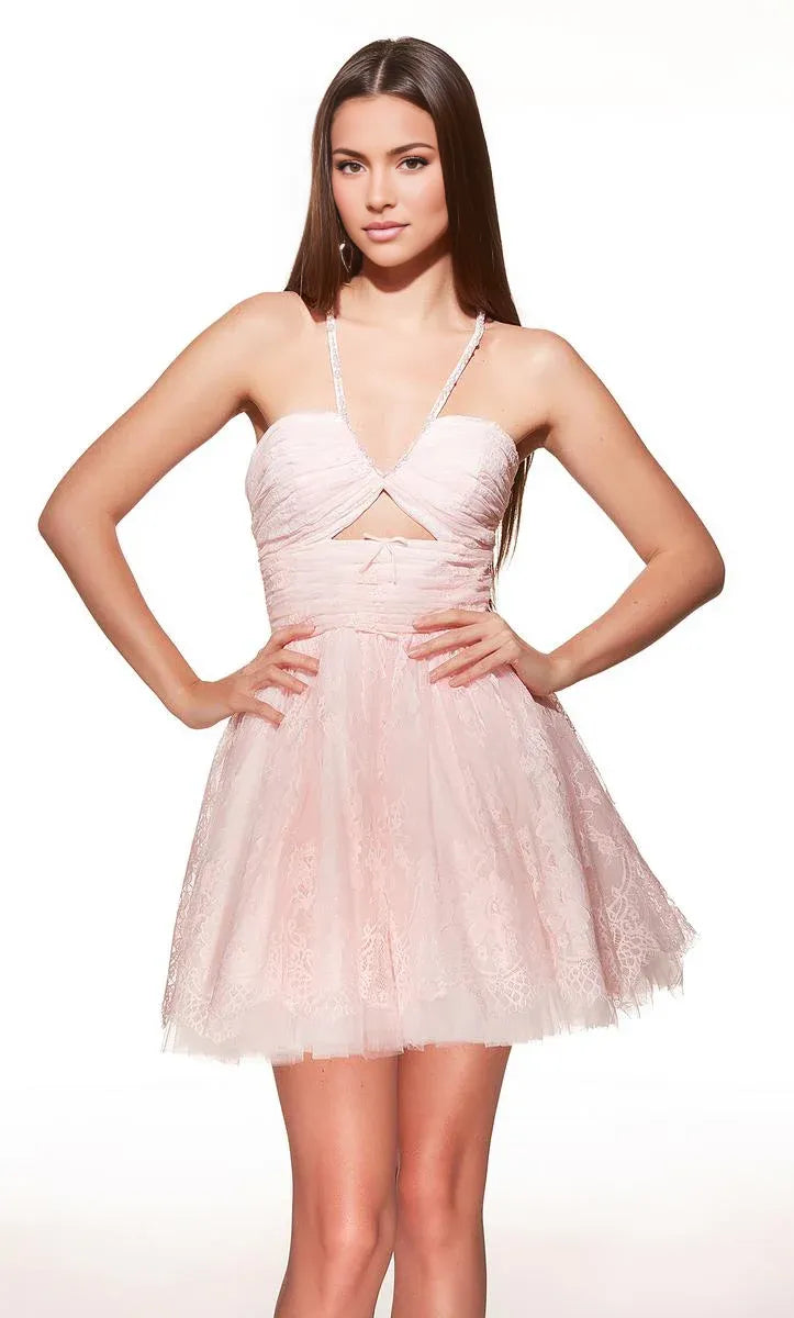 Ruffled Halter A-Line Short Lace Sleeveless Homecoming Dress