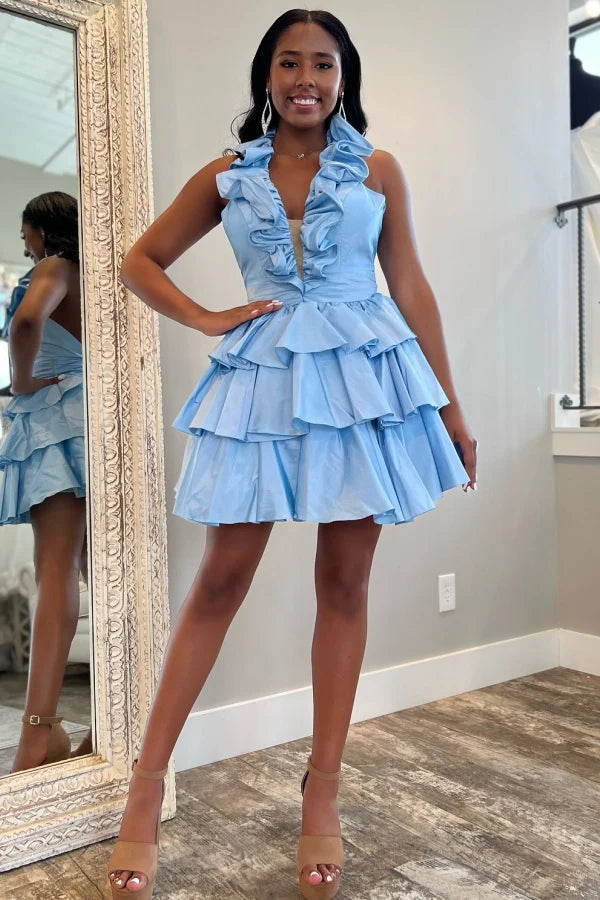 Ruffled Halter A-Line Tiered Satin Homecoming Dress