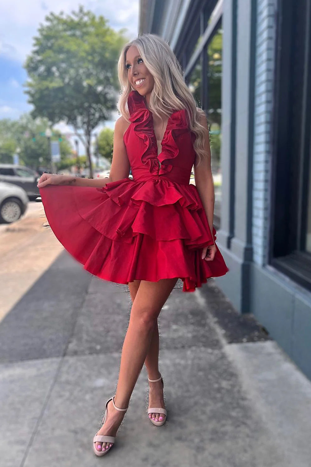 Ruffled Halter A-Line Tiered Satin Homecoming Dress