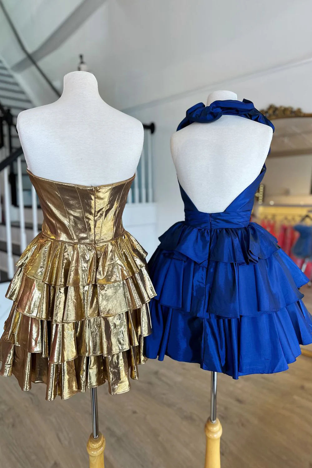Ruffled Halter A-Line Tiered Satin Homecoming Dress