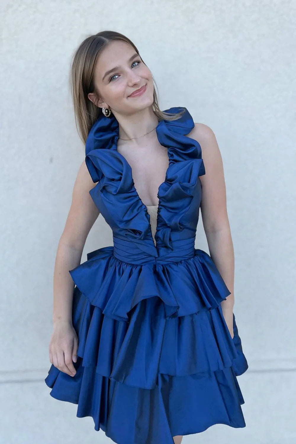 Ruffled Halter A-Line Tiered Satin Homecoming Dress