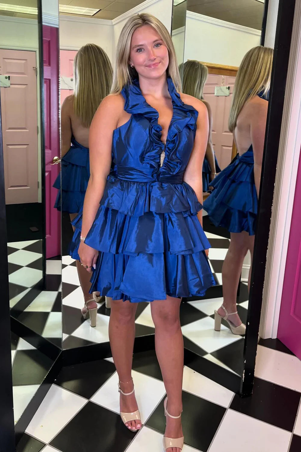 Ruffled Halter A-Line Tiered Satin Homecoming Dress