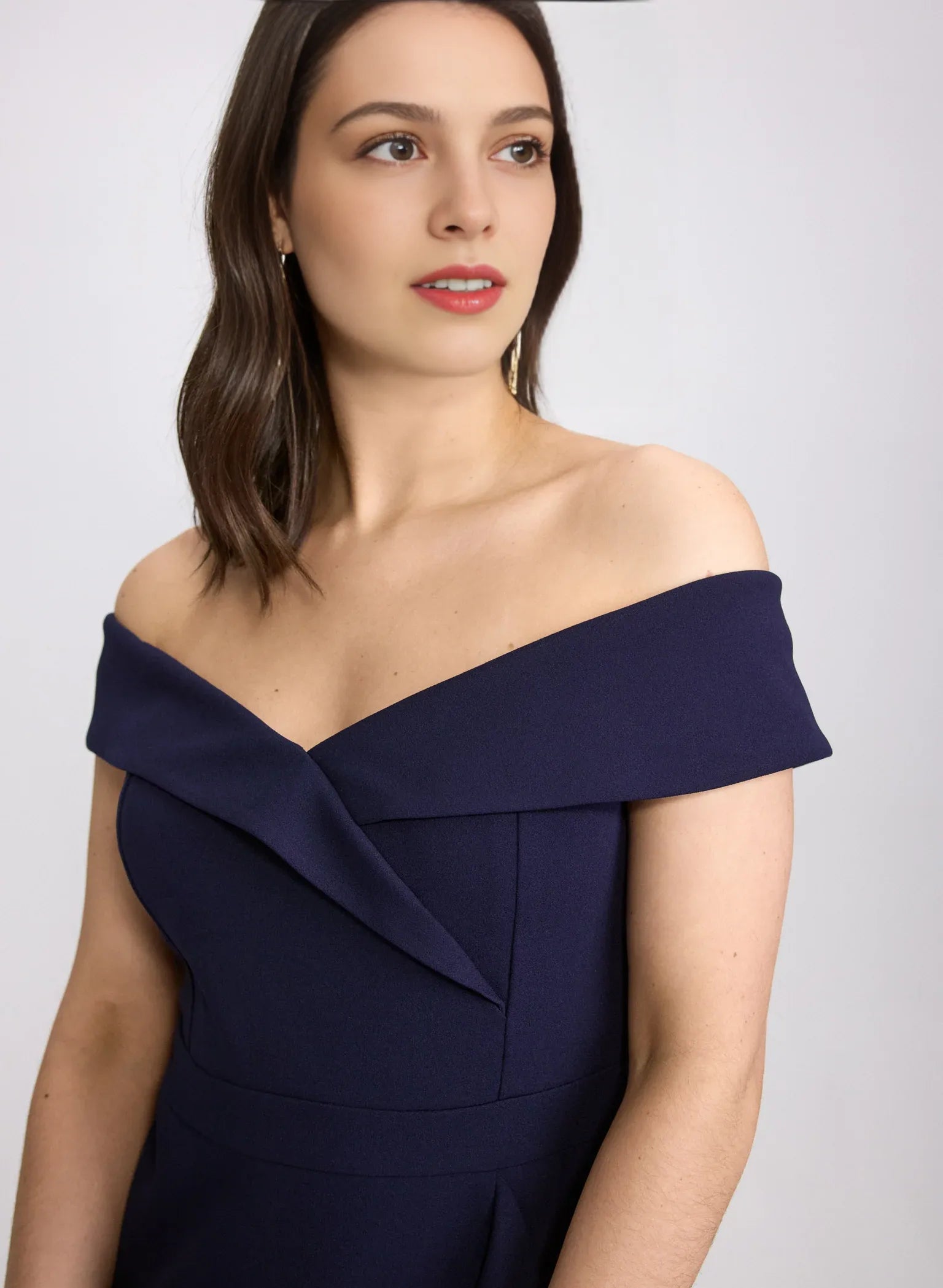 Ruffled Mermaid Off-Shoulder Crepe Wedding Guest Dress with Asymmetric Hem