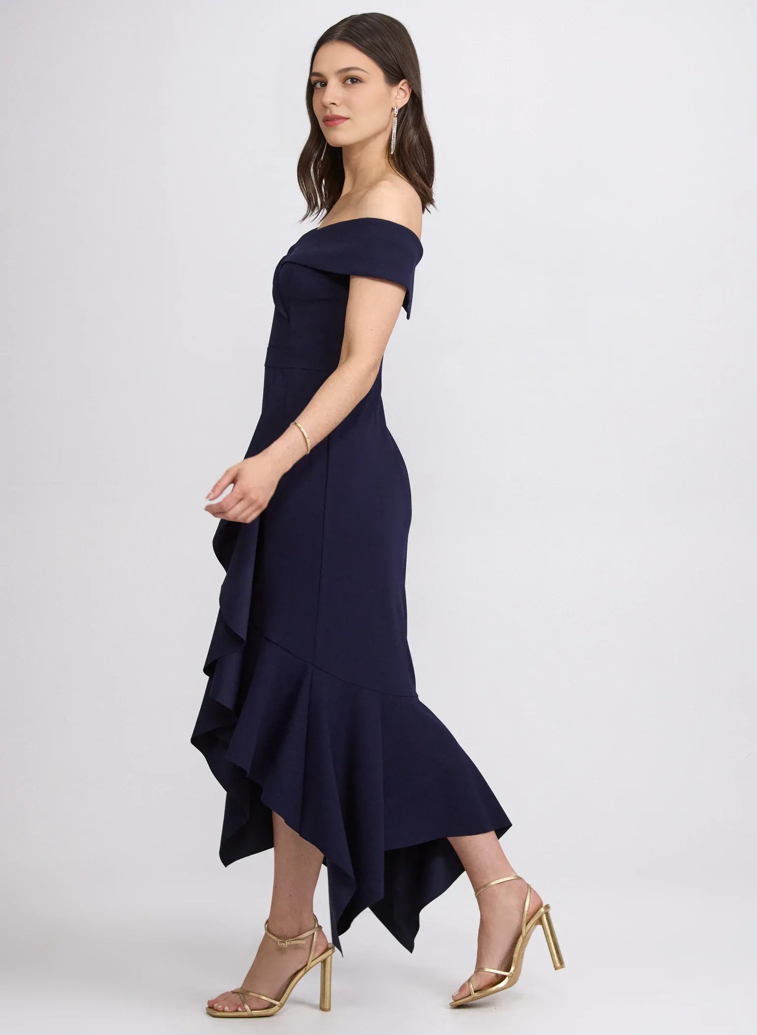 Ruffled Mermaid Off-Shoulder Crepe Wedding Guest Dress with Asymmetric Hem