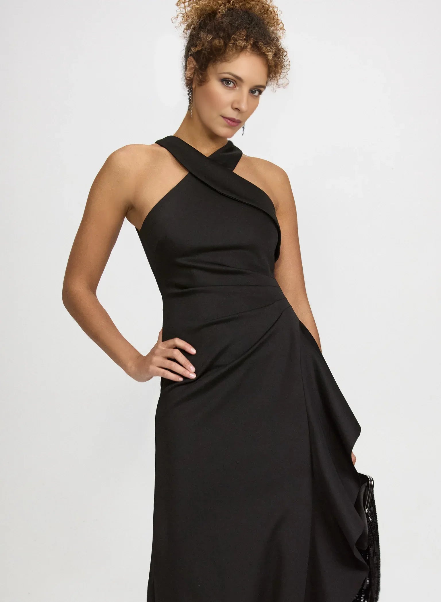 Ruffled Sheath Halter Neck Satin Wedding Guest Dress Floor-Length Gown with Slit
