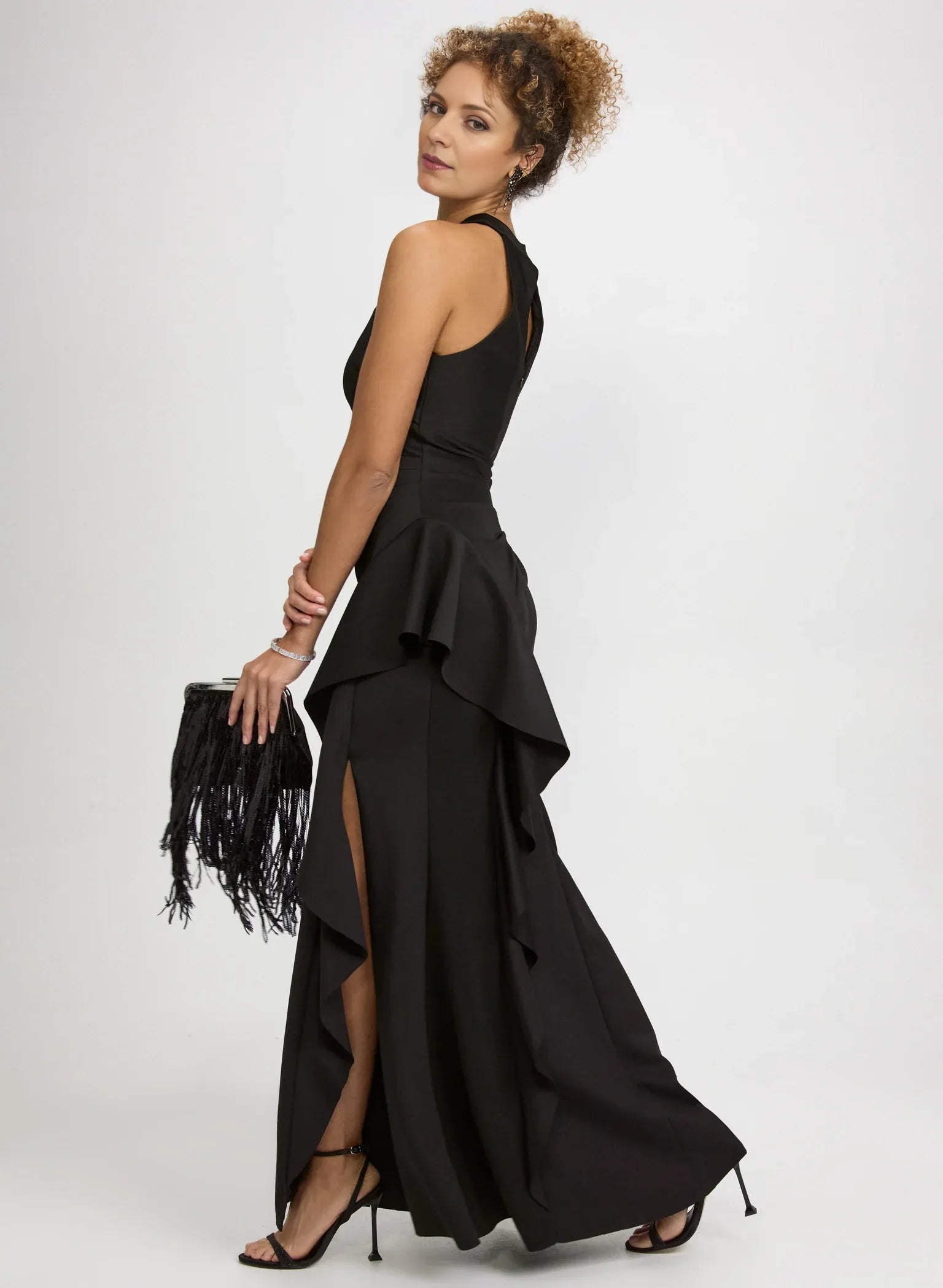 Ruffled Sheath Halter Neck Satin Wedding Guest Dress Floor-Length Gown with Slit