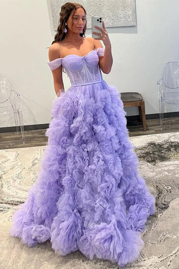Vestido de Fiesta Largo de Tul con Volantes, Escote Corazón y Hombros Caídos