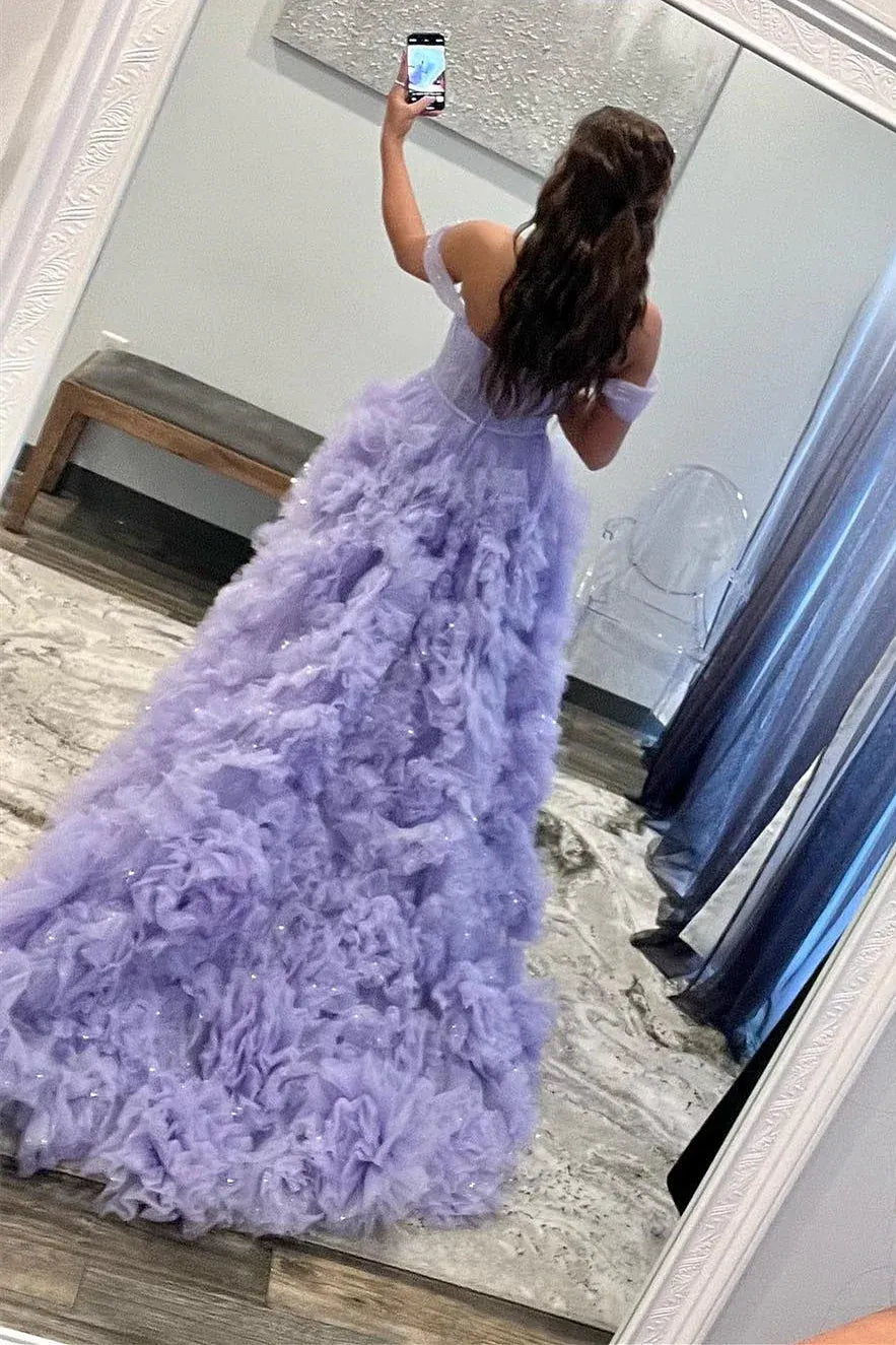 Vestido de Fiesta Largo de Tul con Volantes, Escote Corazón y Hombros Caídos