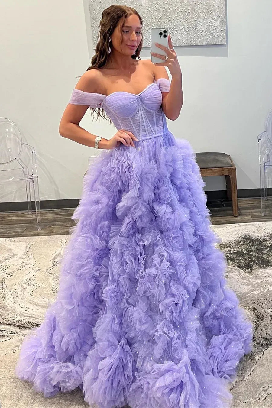 Vestido de Fiesta Largo de Tul con Volantes, Escote Corazón y Hombros Caídos
