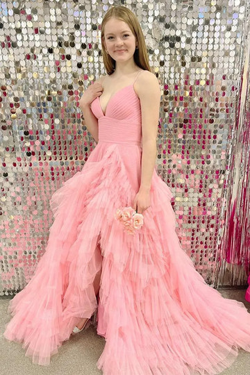 Vestido de fiesta de tul con volantes, escote en V, sin mangas y largo hasta el suelo