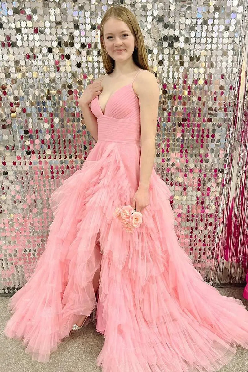 Vestido de fiesta de tul con volantes, escote en V, sin mangas y largo hasta el suelo