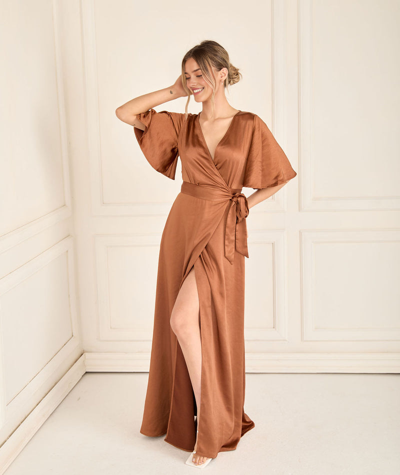 Elegant V-Neck Wrap Dress with Cape Sleeves High Slit Gown Bridesmaid Dresses Asymmetric Hem