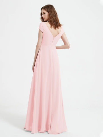Elegant A-Line V-Neck Cap Sleeve Chiffon Ruched Slit Bridesmaid Dress