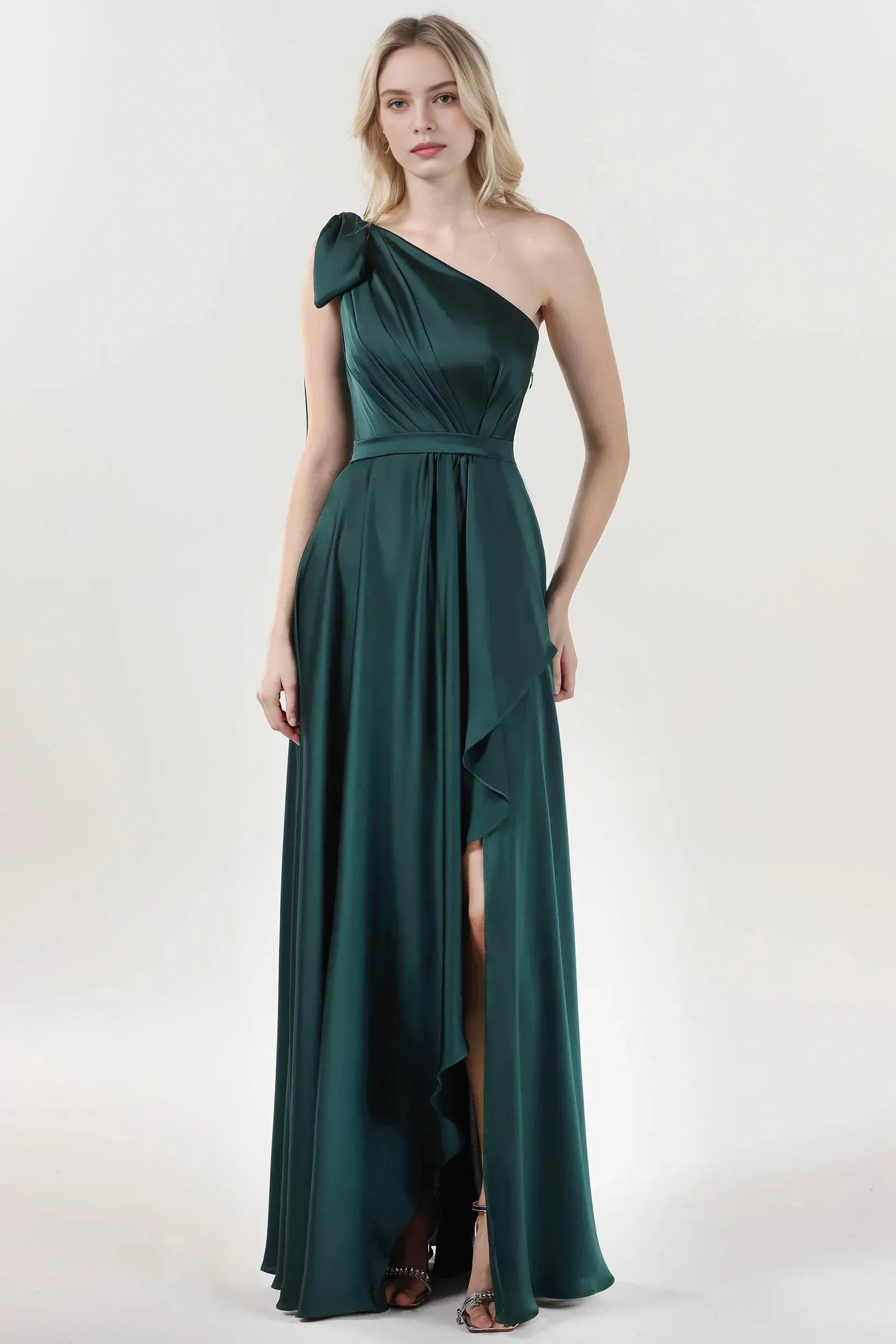Polished A-Line One-Shoulder Satin Bow-Sash Evening Gown Formal Wedding Guest Dress