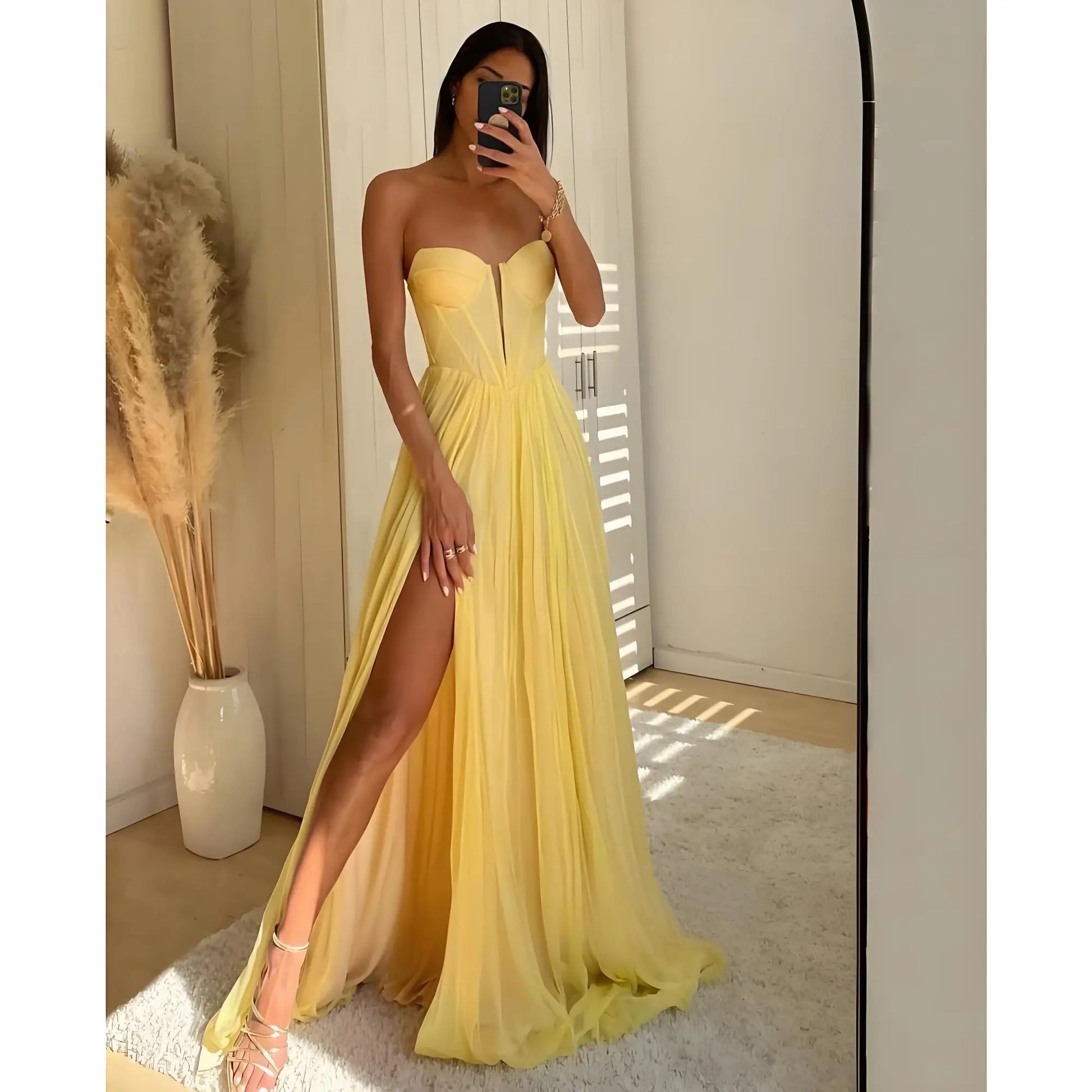 Strapless Sweetheart Corset Boning High Slit Tulle Evening Formal Maxi Gown