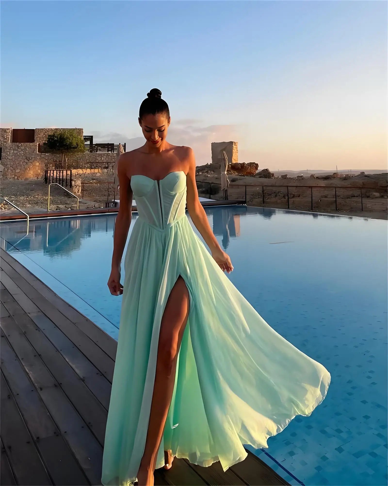 Strapless Sweetheart Corset Boning High Slit Tulle Evening Formal Maxi Gown