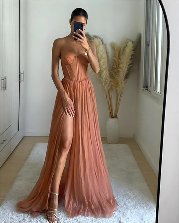 Strapless Sweetheart Corset Boning High Slit Tulle Evening Formal Maxi Gown