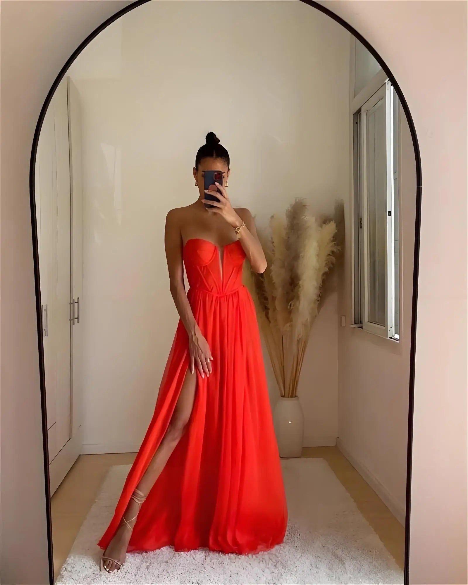 Strapless Sweetheart Corset Boning High Slit Tulle Evening Formal Maxi Gown