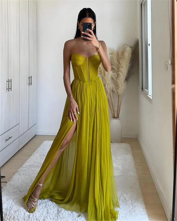 Strapless Sweetheart Corset Boning High Slit Tulle Evening Formal Maxi Gown