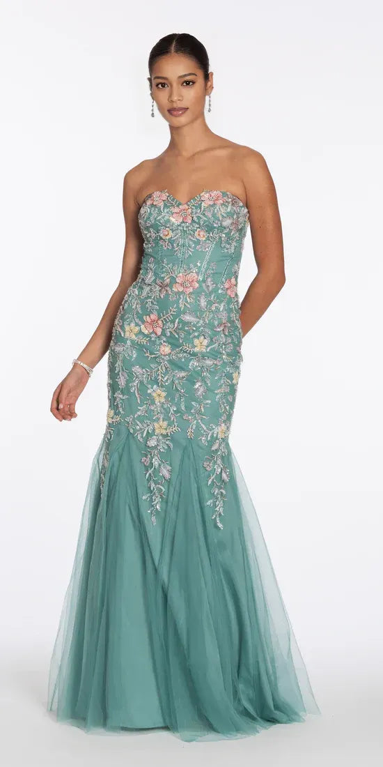Vestido de noche estilo sirena sin tirantes, con espalda descubierta, adornos florales y largo hasta el suelo, para fiesta de graduación.