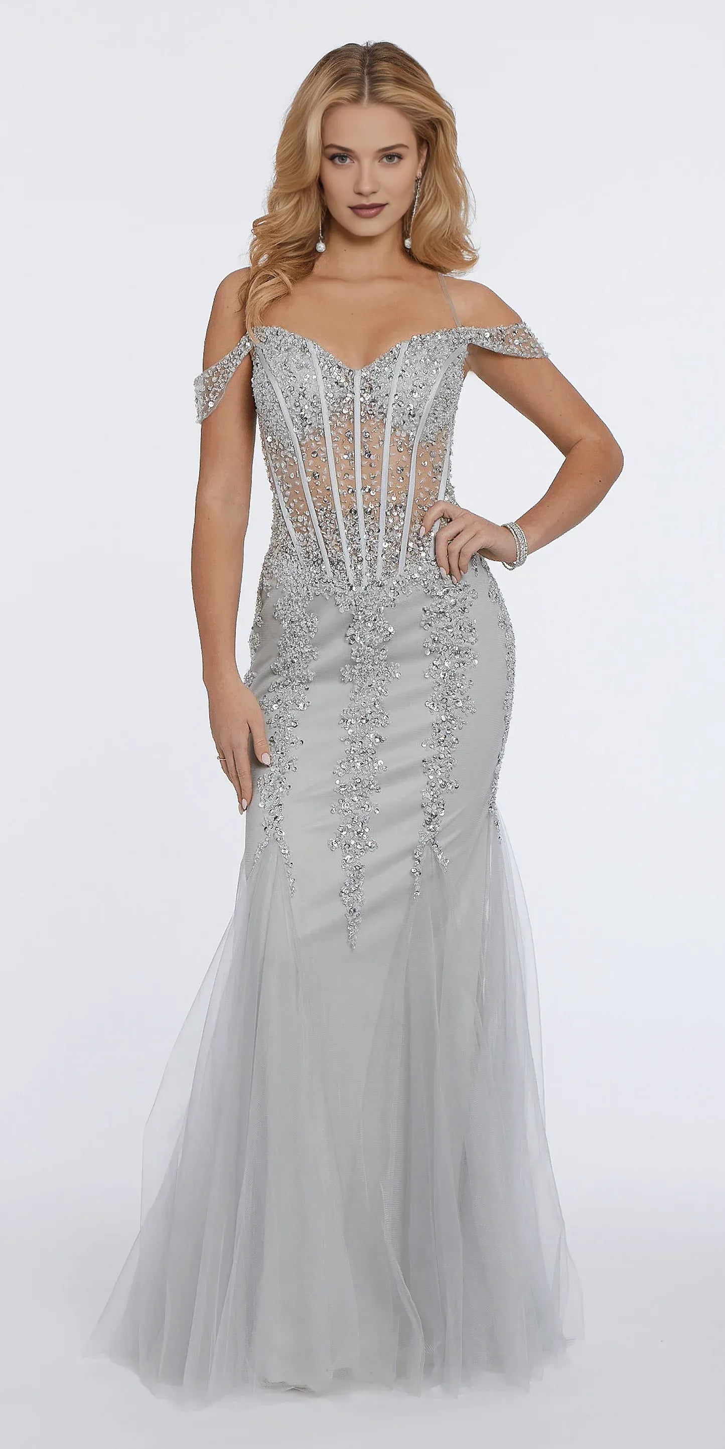 Elegante vestido de fiesta largo de tul, corte sirena, con hombros descubiertos y espalda transparente