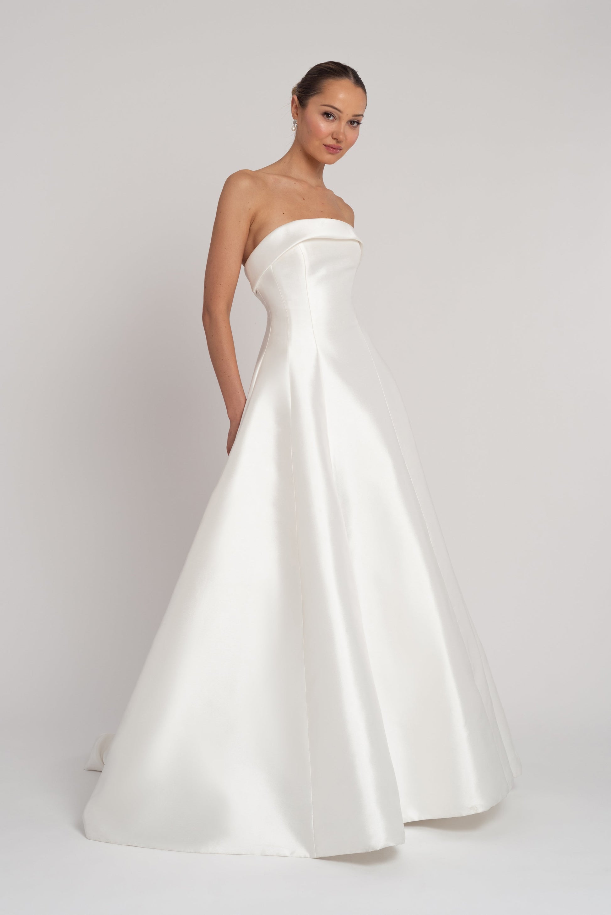 Minimalist Ballgown Strapless Sleeveless Button Back Cathedral Train Wedding Dress