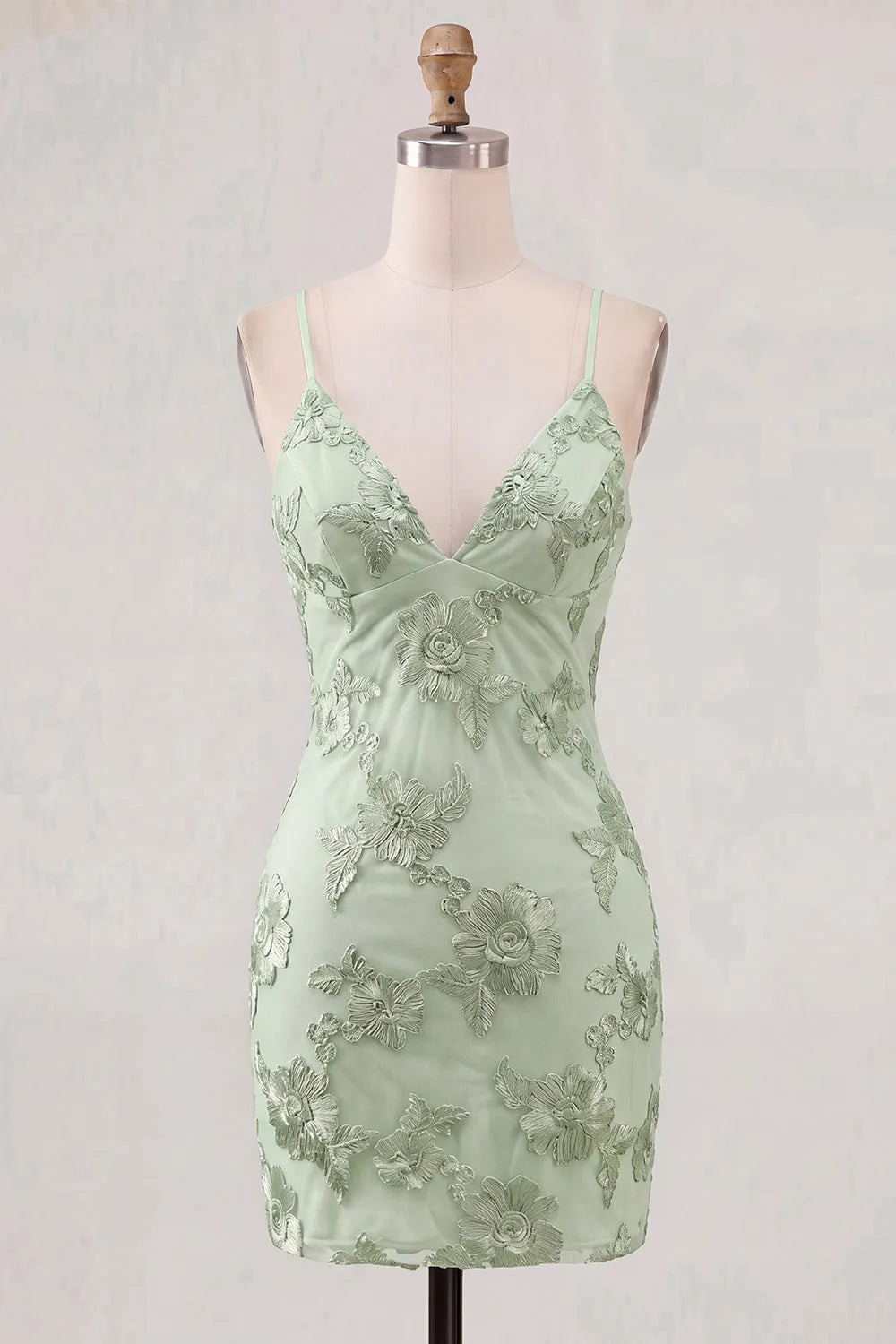 Floral Embroidered Lace Spaghetti Strap V-Neck Crisscross Lace-Up Back Bodycon Mini Homecoming Dress