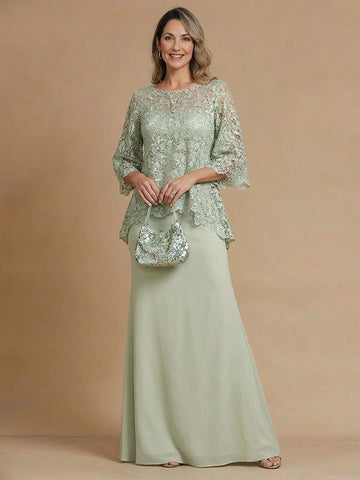 Vedress sage green two piece mother of the bride dress,front view boat neck scalloped lace 3/4 sleeve top,flowy chiffon floor length skirt,tan studio background