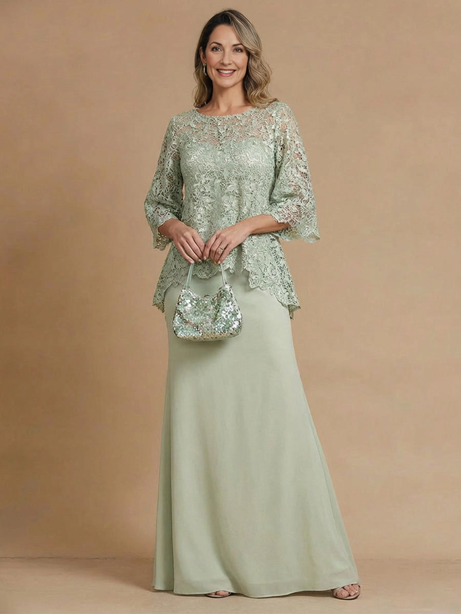 Vedress sage green two piece mother of the bride dress,front view boat neck scalloped lace 3/4 sleeve top,flowy chiffon floor length skirt,tan studio background