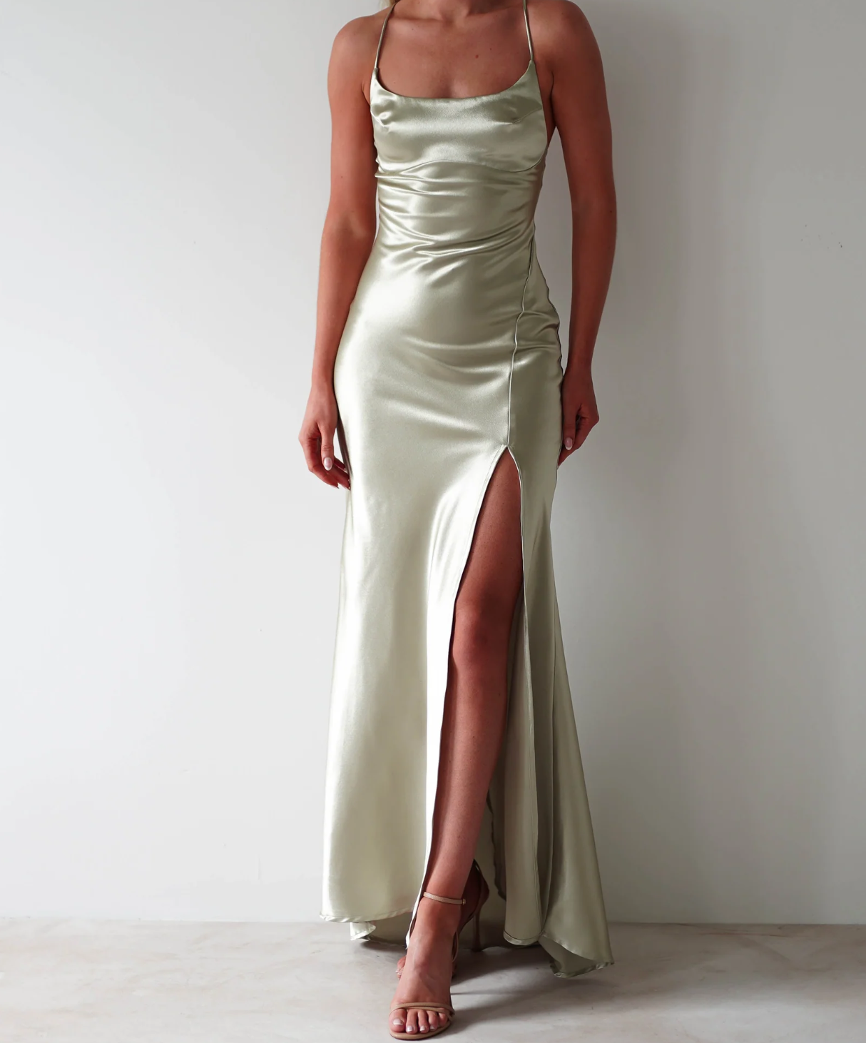 Elegant Soft Satin Slit Maxi Dress with Spaghetti Straps Party Wedding Guest Dresses With Mermaid Square Neck
