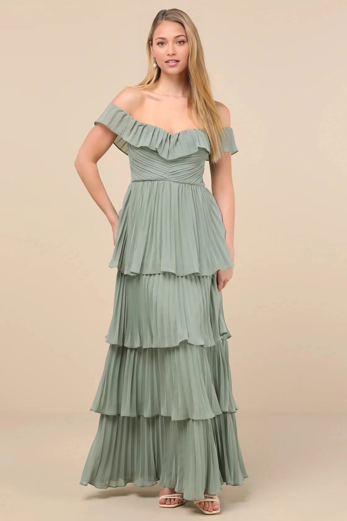 Vedress Chiffon Tiered Off Shoulder Open Back Maxi Bridesmaid Gown