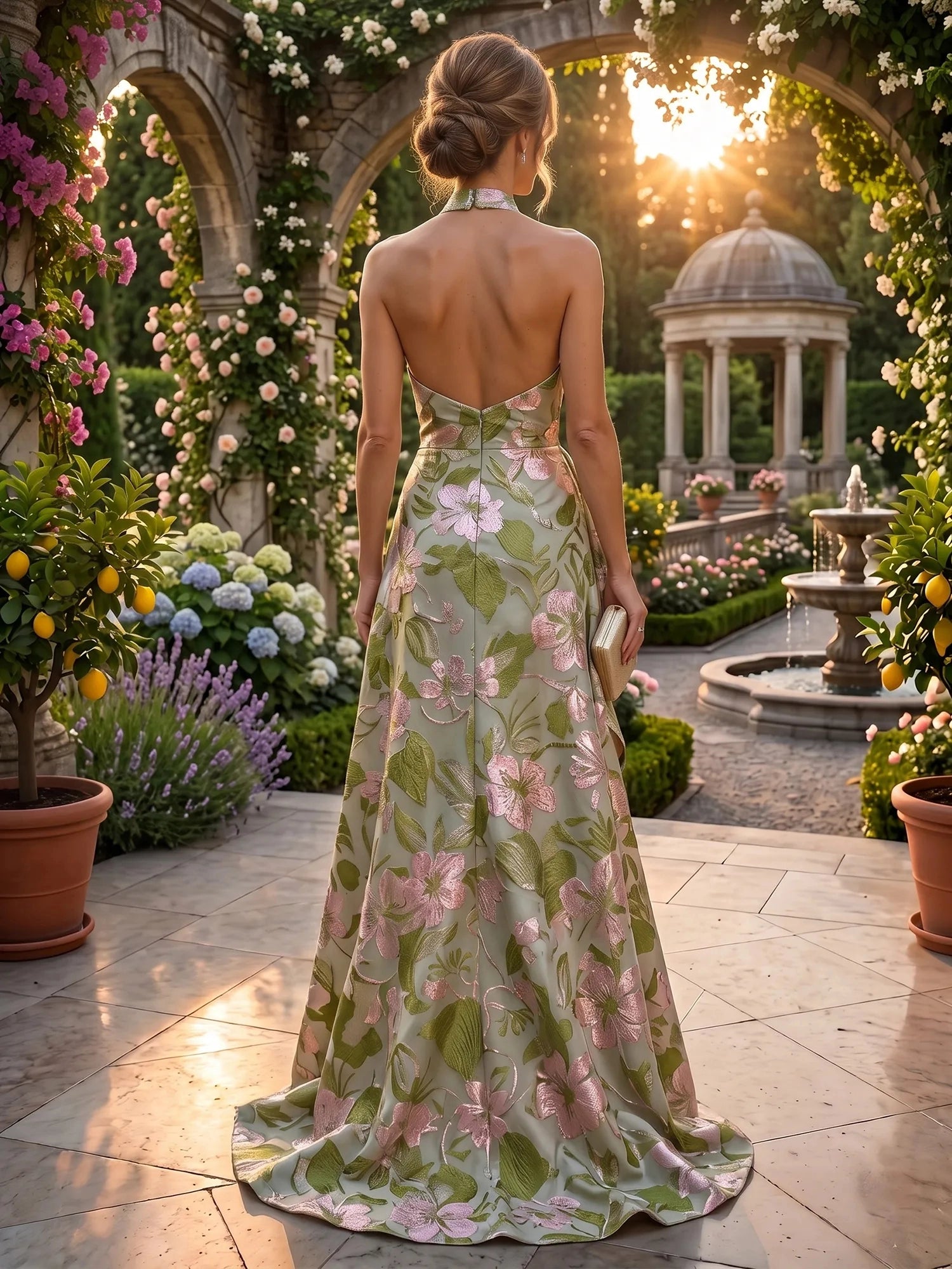 Open‑back green pink floral jacquard a‑line long mother of the bride formal dress