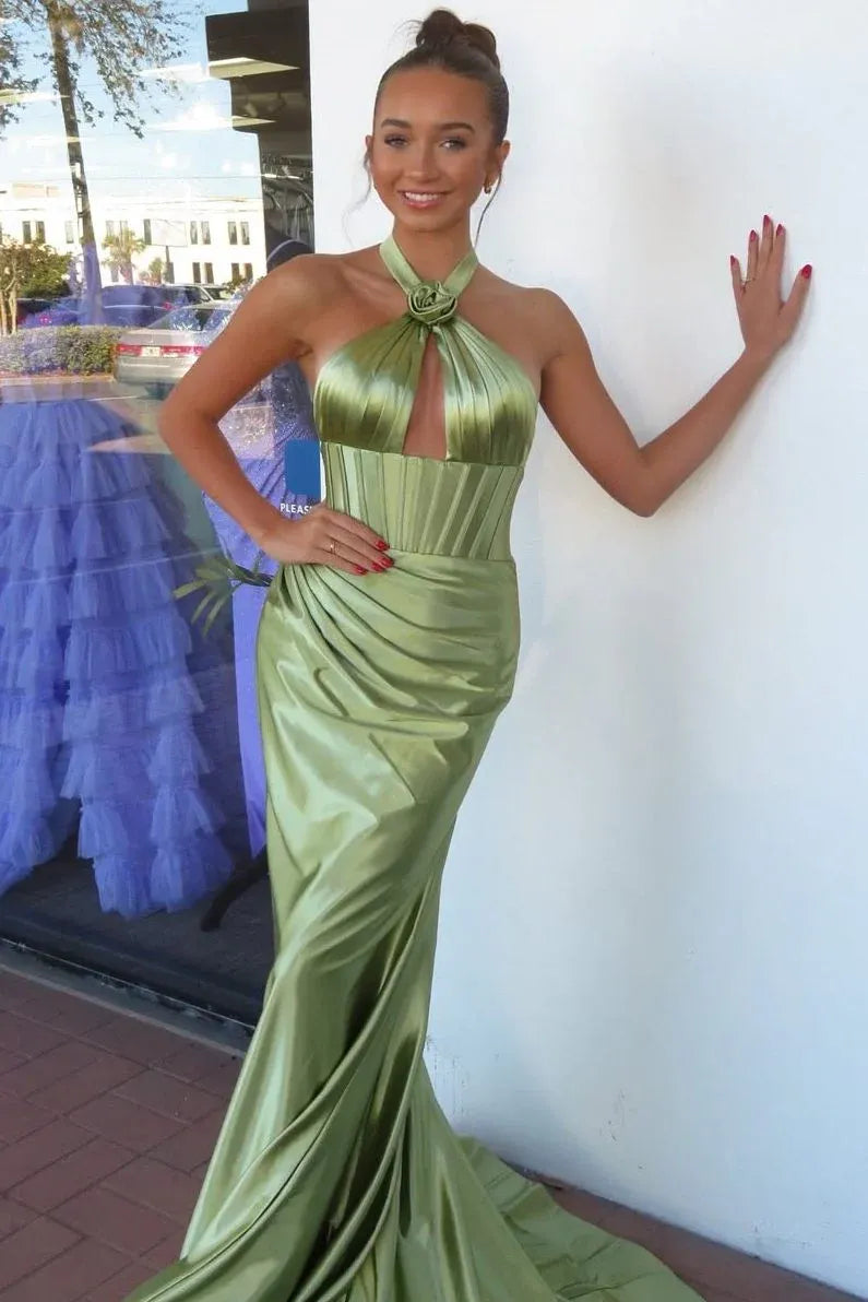 Sage Green Satin Mermaid Halter Neck Backless Maxi Prom Gown