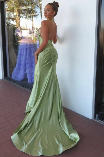 Sage Green Satin Mermaid Halter Neck Backless Maxi Prom Gown