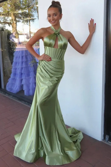 Sage Green Satin Mermaid Halter Neck Backless Maxi Prom Gown