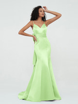 Royal Blue Satin Spaghetti Strap Formal Gown V-Neck Bow Waist Mermaid Maxi Dress with Sweep Train for Prom and Black-Tie Events