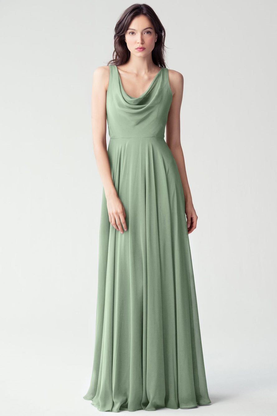 Women's Formal Evening Dress with Low Back and A-Line Silhouette Chiffon Cowl Neck Bridesmaid Dresses