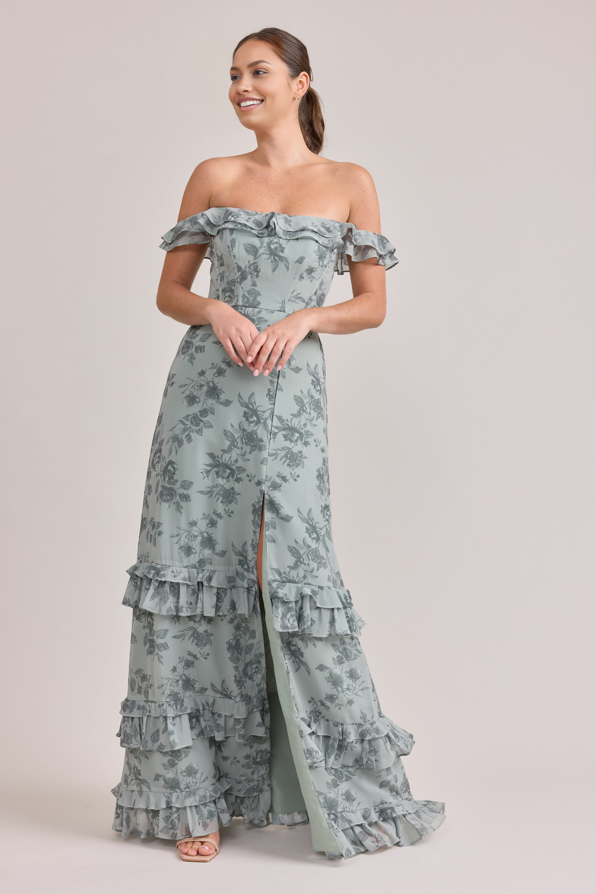 Vestido maxi de chifón con estampado floral, hombros descubiertos, mangas con volantes, formal para fiesta de graduación o dama de honor con abertura alta para mujer