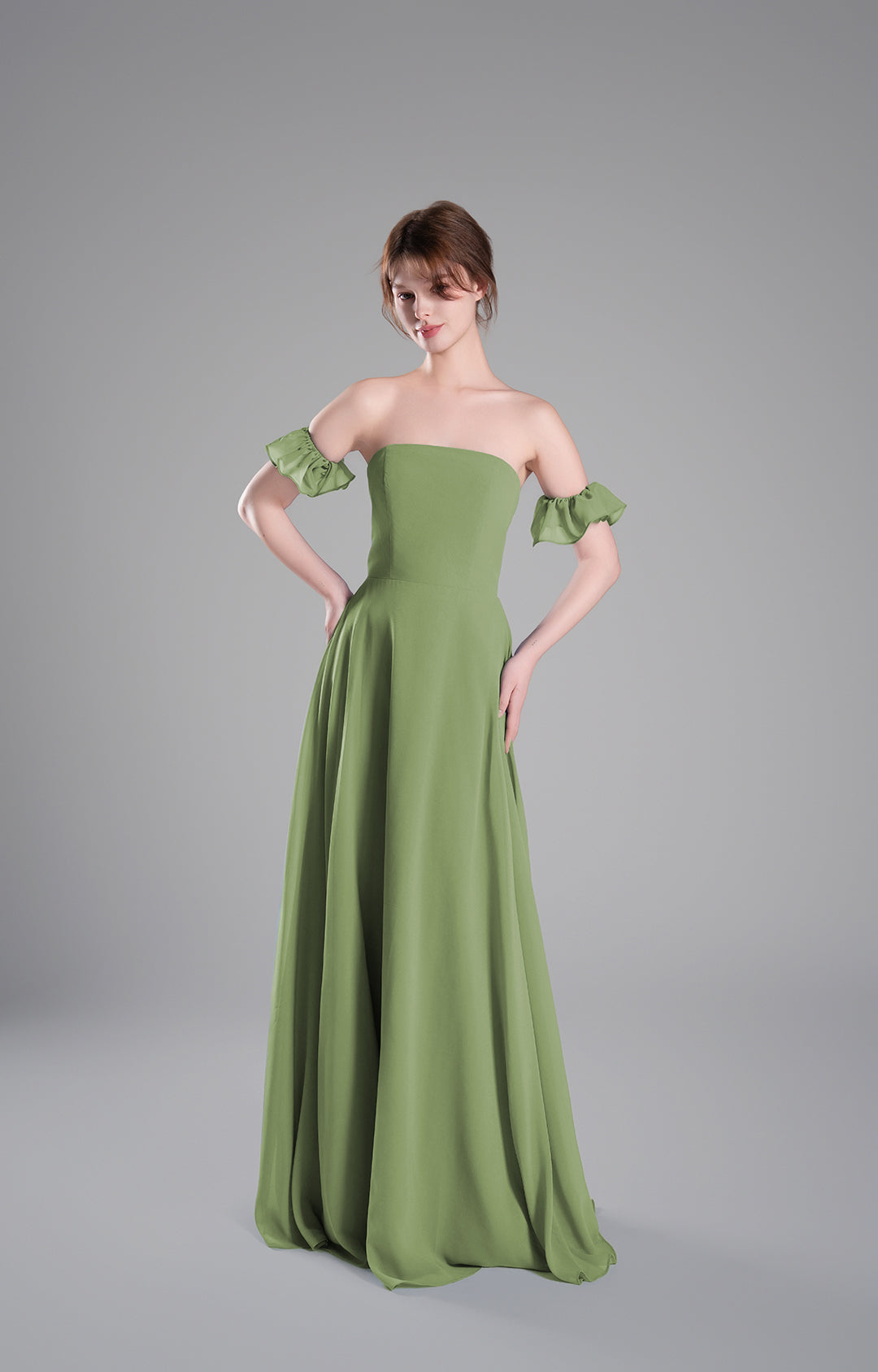 Elegante vestido de dama de honor de gasa con hombros descubiertos, vestido largo formal de noche, mangas con volantes, corpiño entallado, vestidos de fiesta con corte en A
