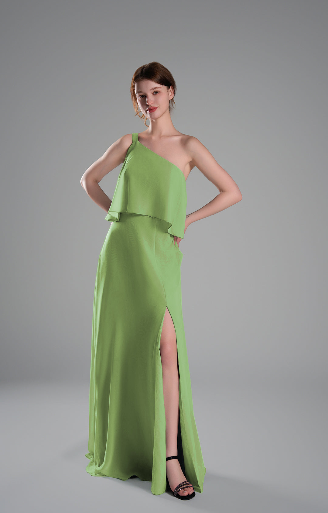 One Shoulder Chiffon Bridesmaid Dress with Slit Elegant Long Formal Evening Gown Flowing A-Line Dresses