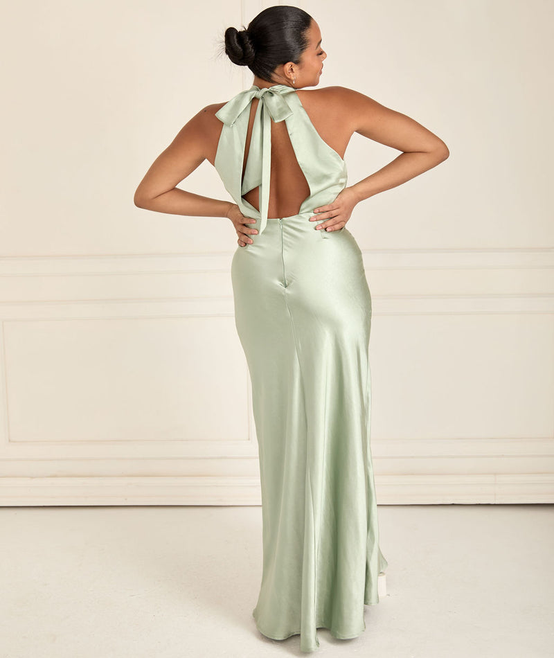 Halter Neck Satin Bridesmaid Dress Satin Column Gown with Keyhole Cutout Bohemian Wedding Evening Gown