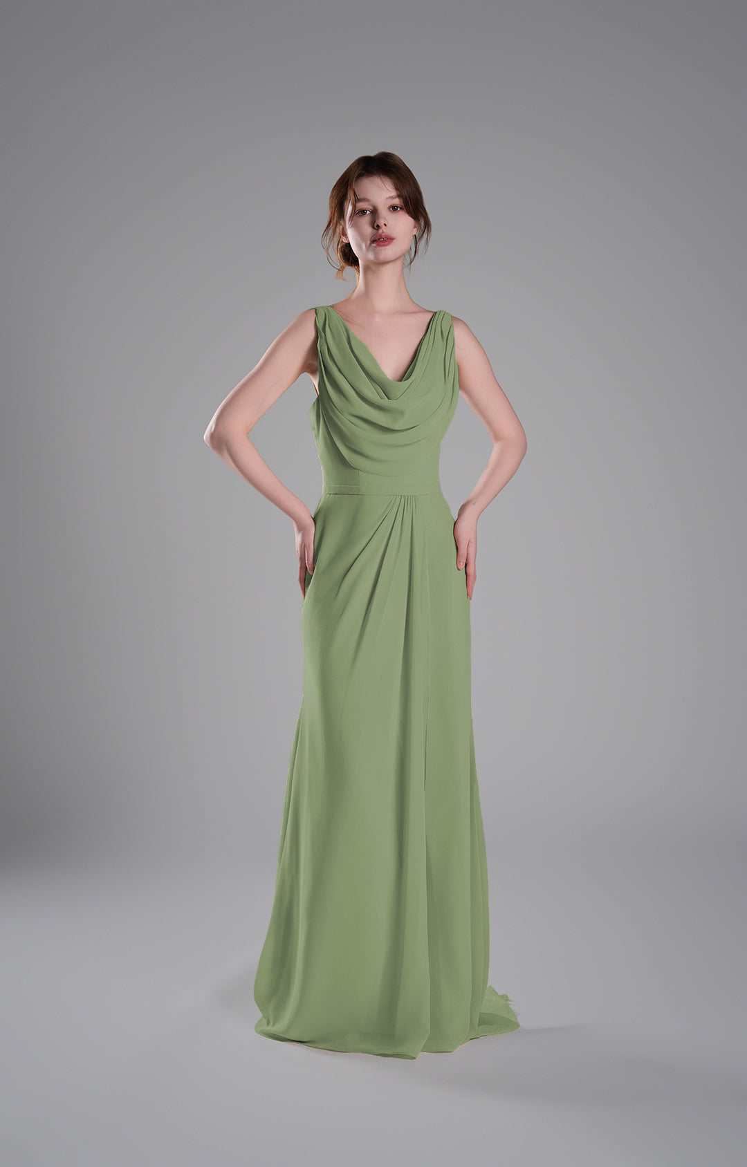 Elegant Chiffon Cowl Neck Bridesmaid Dress Sleeveless Fitted Bodice Floor Length Formal Gown