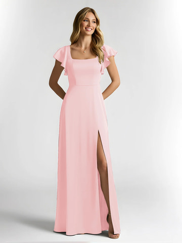 Square Neck Flutter Sleeve Satin A-Line Bridesmaid Maxi Dress with Slit