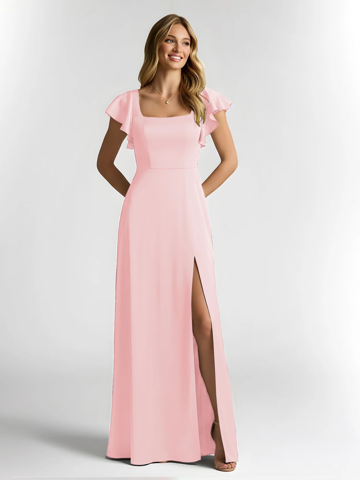 Square Neck Flutter Sleeve Satin A-Line Bridesmaid Maxi Dress with Slit