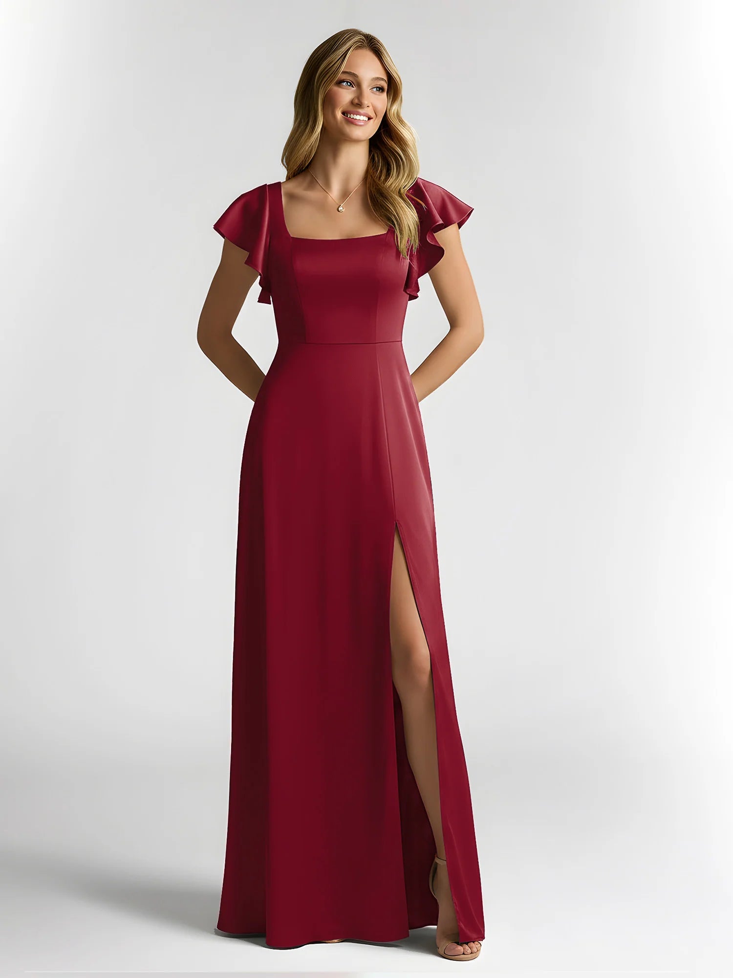 Square Neck Flutter Sleeve Satin A-Line Bridesmaid Maxi Dress with Slit