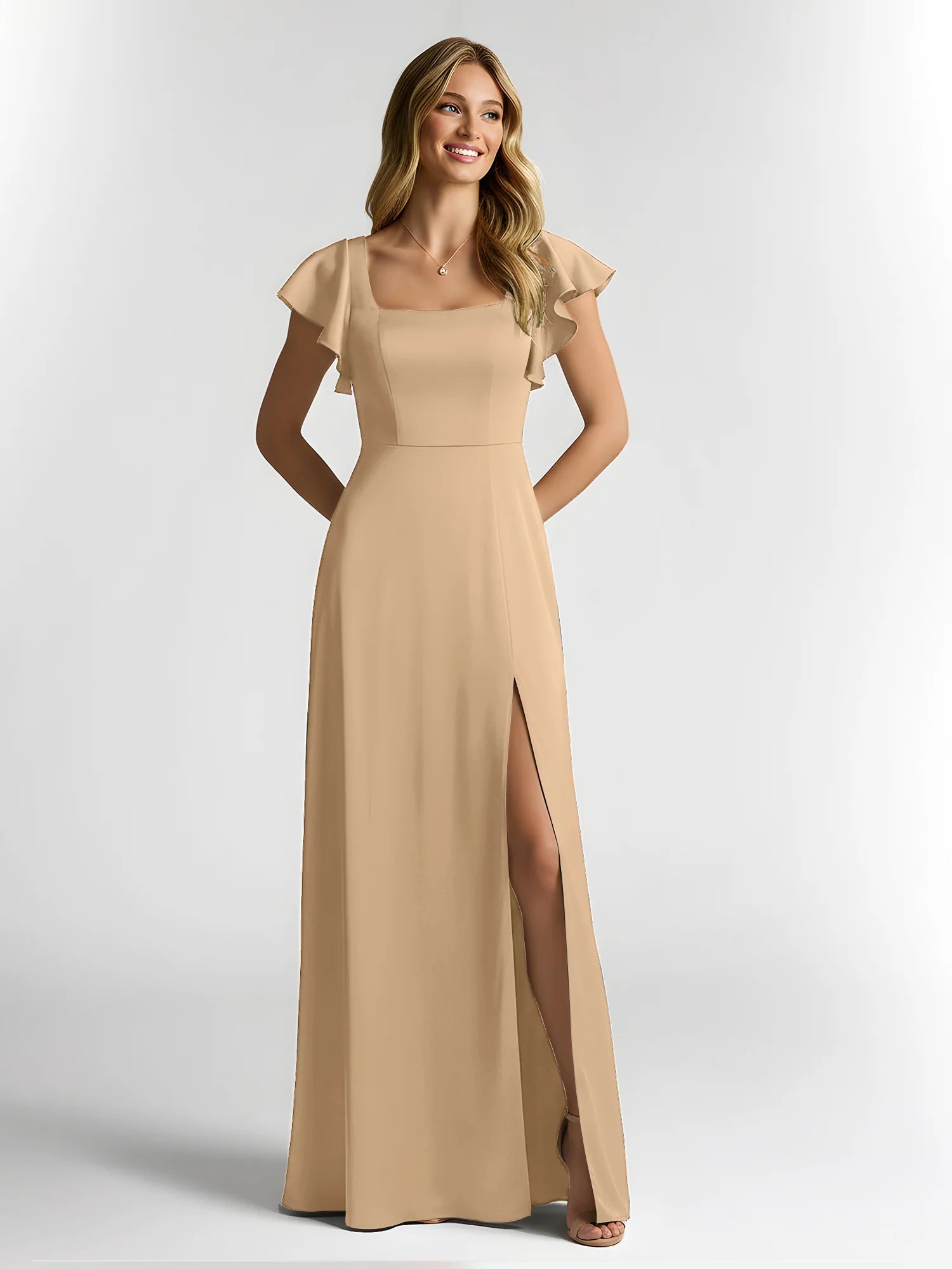 Square Neck Flutter Sleeve Satin A-Line Bridesmaid Maxi Dress with Slit