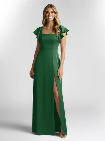 Square Neck Flutter Sleeve Satin A-Line Bridesmaid Maxi Dress with Slit
