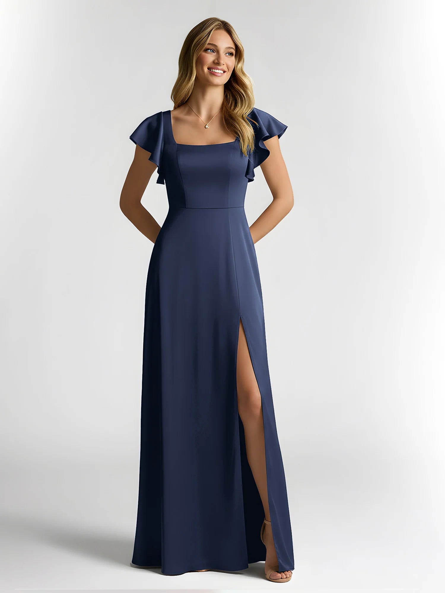 Square Neck Flutter Sleeve Satin A-Line Bridesmaid Maxi Dress with Slit